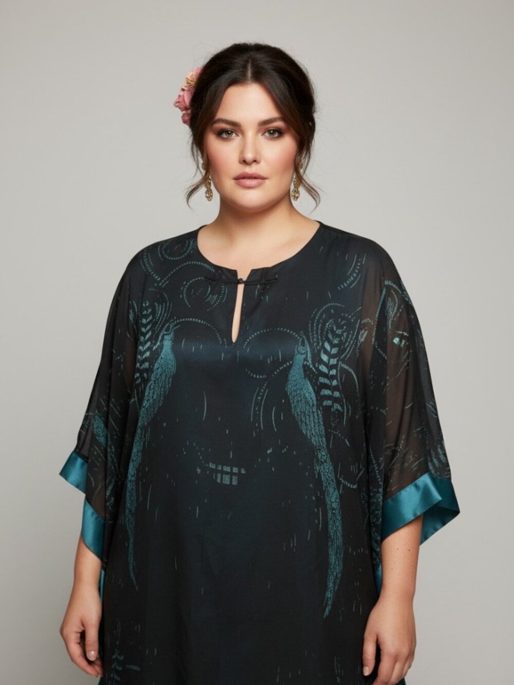 Citron Santa Monica Silk Tunic Top 0X Black Teal Peacock Print Kimono Sleeve